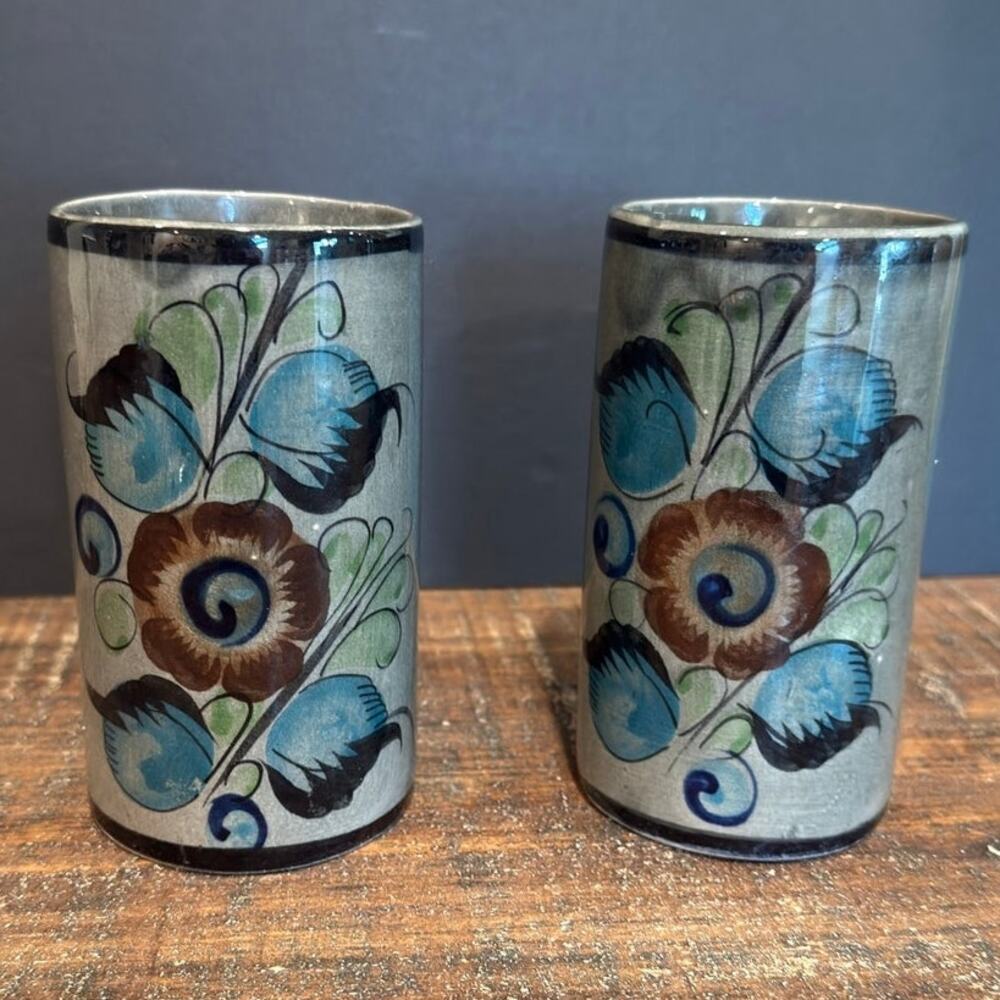 Vintage Tonala Mexican Pottery Tumblers‎ Set of 2 Hand Painted Blue Floral Vases